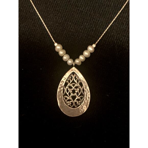 PAZ Sterling Silver & Freshwater Pearl Hammered & Scrolling Necklace in Israel - Picture 3 of 12